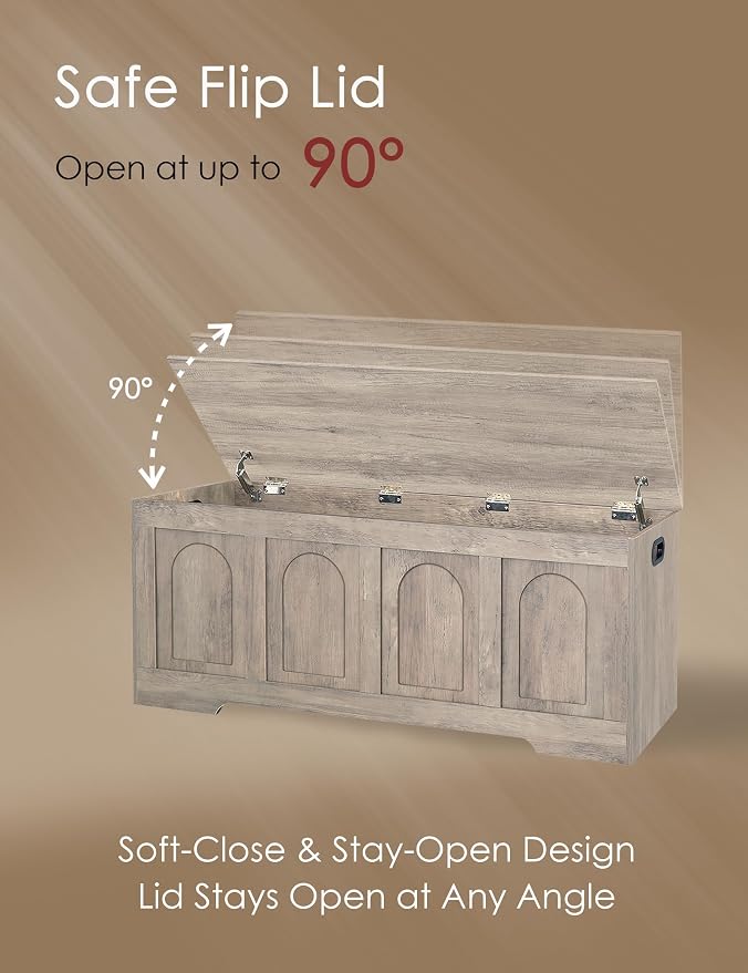 DINZI LVJ Storage Chest, 47.2" Rattan-Like Toy Box with 2 Safety Hinges, Wooden Entryway Storage Bench with Flip-Top, Large Trunk for Living Room, Bedroom, Easy Assembly, Greige - Image 4