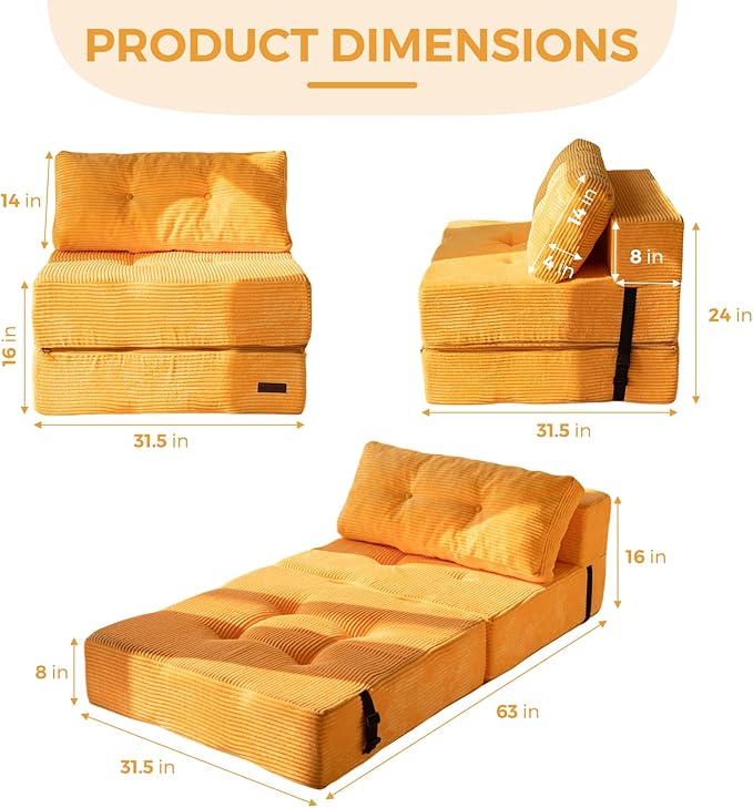 MAXYOYO Folding Sofa Bed, Convertible Sofa Bed with High-Density Support Foam, Portable 4 in 1 Fold Out Chair to Floor Lounger, Versatile Floor Couch for Living Room Bedroom, Orange
