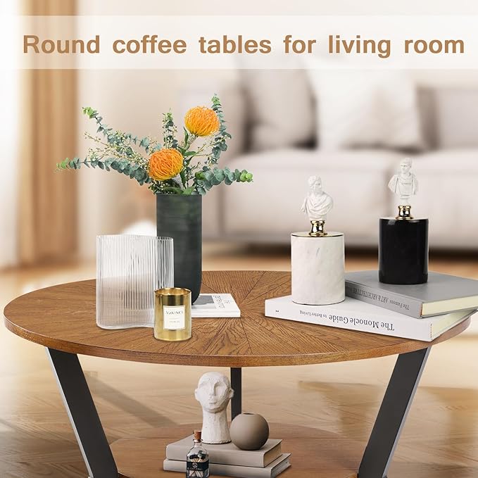 Round Coffee Table, Wood Circle Coffee Table with 2-Tier Storage, Center Table for Living Room Bedroom Office Apartment, Easy Assembly, 35'x 18' Inches, Espresso