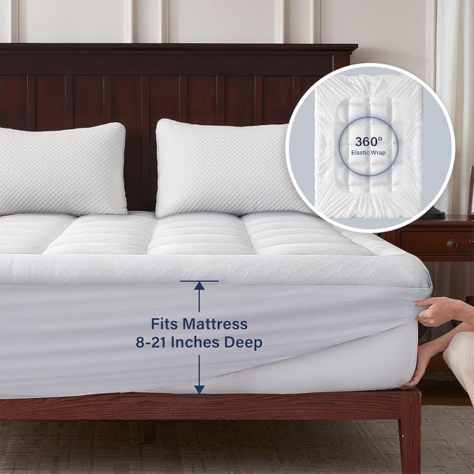 Anluoer Memory Foam Mattress Topper Queen for Back Pain,Down Alternative Pillow Top Mattress Topper,Thick Mattress Pad with 8-21" Deep Pocket, 60x80 Inches,White
