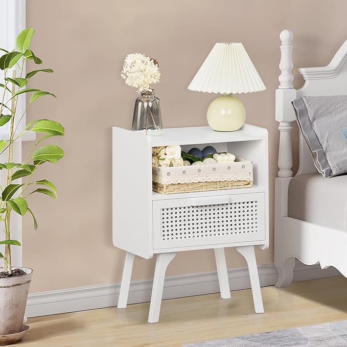 Lerliuo Rattan Nightstands Set of 2, Side Table with Drawer Open Shelf, Cane Accent Bedside End Table with Solid Wood Legs, Mid Century Modern Night Stand for Bedroom, Dorm and Small Spaces (White) - Image 6