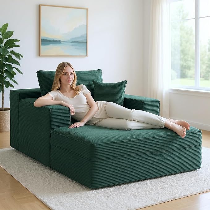 Monroe Convertible Chaise Lounge Chair Indoor – Oversized Corduroy Couch with Wide Armrest & Throw Pillows, Cozy Boneless Sleeper Sofa Bed Armchair, Dark Green