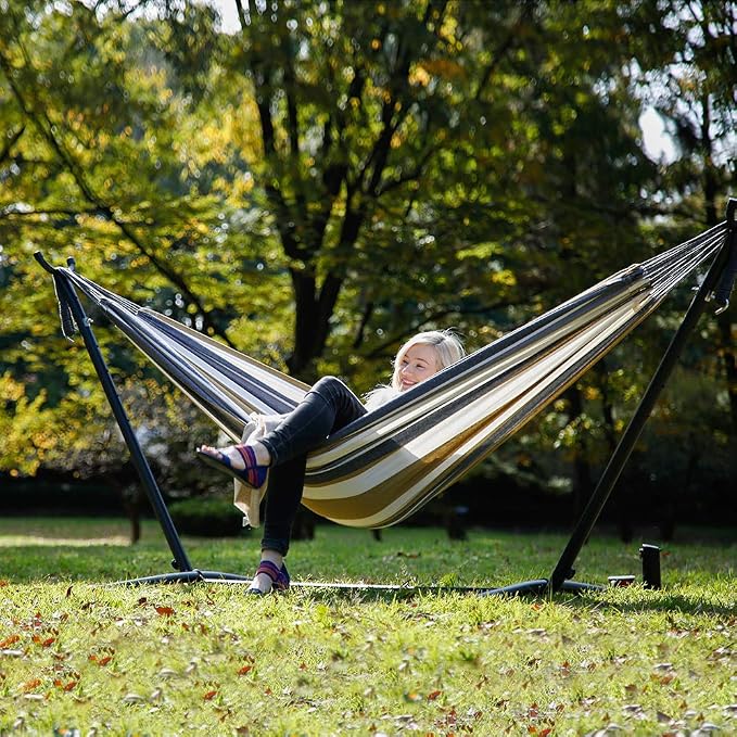 Vivere Double Cotton Hammock with Space Saving Steel Stand, Upgraded Polyester End Strings 450 lb Capacity - Premium Carry Bag Included (Desert Moon) - Image 7