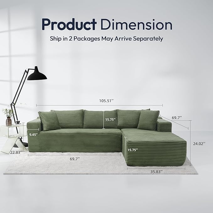 Cloud Sectional Couch, Modular Sectional Sofa with Left Chaise Lounge, Modern Modular L-Shape Sofa with Pillows & Deep Seat, Boneless Couches for Living Room Bedroom, Green
