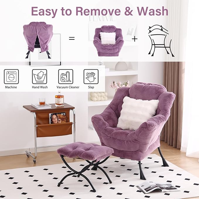 Lazy Chair with Ottoman, Large Purple Accent Chair with Ottoman and FA Throw Pillow, Comfy Plush Reading Chair for Living Room Bedroom Dorm Room Office Apartment Relaxing Use