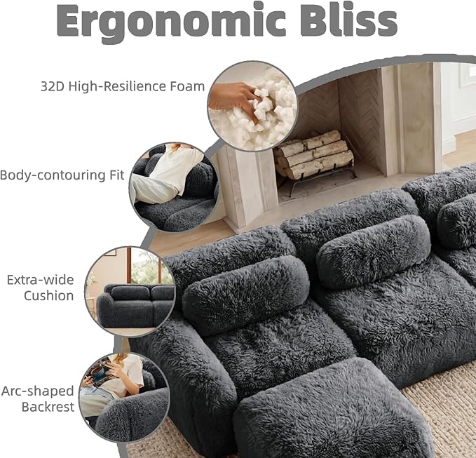 149" Modular Sectional Sofa, Modern Sectional Couch, U-Shape Boneless Couch for Living Room Apartments Bedroom, 32D High Density Sponge Lounge Sofa, No Assembly Required, Dark Grey