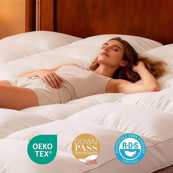 3 Inch White Goose Feather Mattress Topper,King Feather Bed Topper,Mattress Cover with Straps,Ultra Soft Pillowtop,100% Cotton Fabric(78”x80”)