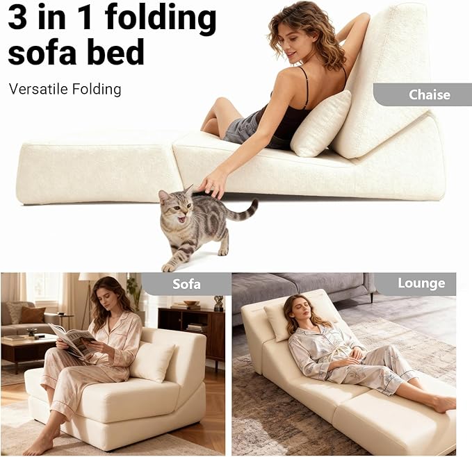 Folding Sofa Bed Chair, 3 in 1 Convertible Sleeper Chair Bed w/Pillow Handle, Floor Sofa Lounge w/Back Support & Removable Washable Cover for Living Room, Bedroom, Apartment (White) | Washable Cover, Sleeper Chair, Folding Sofa Bed