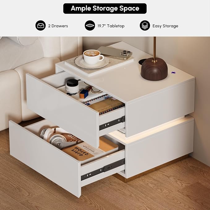 homary Smart Nightstand with LED Light, Wireless Charging Station, USB & Type-C Ports, 2 Drawers – Modern White Bedside Table for Bedroom Storage - Image 5