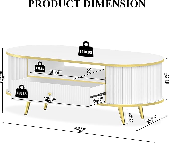 47" Fluted Coffee Table with LED Lights & Storage - Luxury Modern Oval Center Table for Living Room, Coffe Tables with Drawers, Curved Profile Design, Gold Metal Decor, White