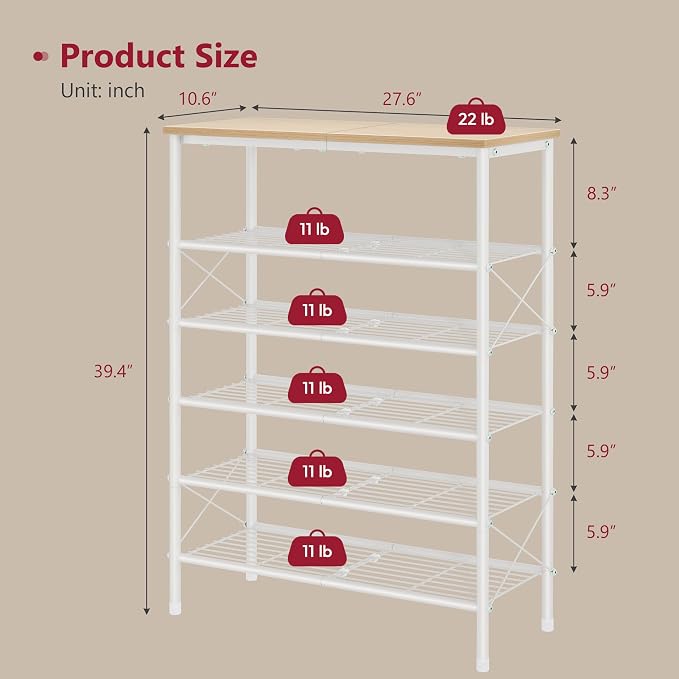 Tajsoon 6 Tier Shoe Rack Organizer for 20-24 Pairs of Shoes, Metal Mesh Shoe Shelf for Closet, Industrial Shoe Rack for Entryway Shoe Storage with X Shape Fixed Frame, White & Log - Image 3