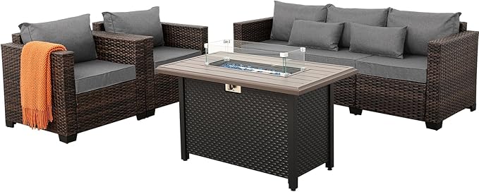 4 Pieces Outdoor Patio Furniture Set 43 In Outdoor Fire Pits Wicker Outdoor Furniture Chairs and Sofa 60000 BTU Outdoor Propane Fire Pit Table Non-Slip Cushions and Waterproof Covers, Dark Grey