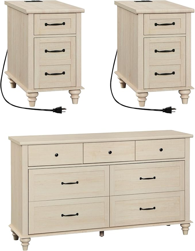 WAMPAT 3 Piece Bedroom Set - Includes Farmhouse 7 Drawer Dresser, Set of 2 End Tables with Charging Station & Storage Cabinet, 3 Piece Dresser and Nightstand Sets, Beige
