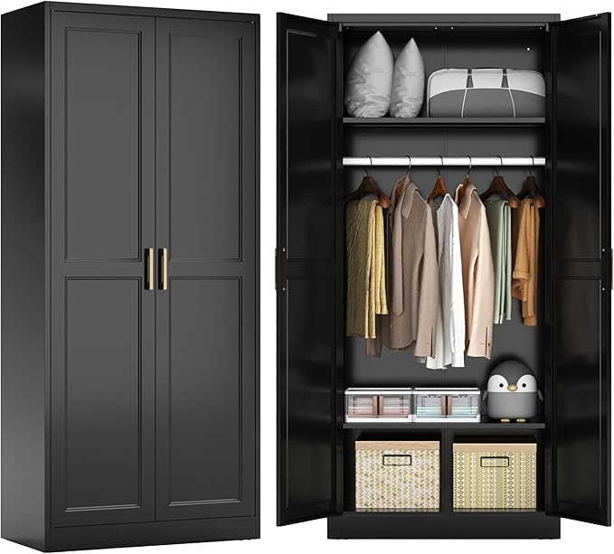 Metal Armoire Wardrobe Closet with 2 Doors, 71" Tall Wardrobe Closet with Doors, Hanging Rod, Drawers and Adjustable Shelves, Black Clothing Storage Cabinets for Bedroom, Home Office