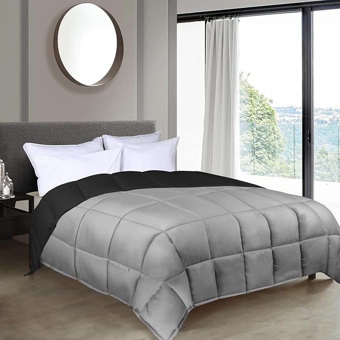 Superior Brushed Microfiber Comforter, Down Alternative Bedding, Medium Weight, Soft Bed Cover, Plush Duvet Insert, Oversized Blanket, Box Quilt, Reversible Comforter, Twin, Black-Grey