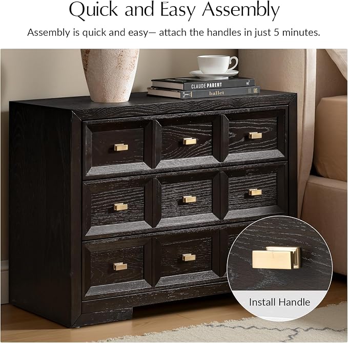 HULALA HOME Solid Wood Nightstand with Soft Fabric-Lined Top Drawer, 3 Drawer and Metal Knobs Bedside Tables, Contemporary Geometric Night Stand with Charging Station, Black - Image 5