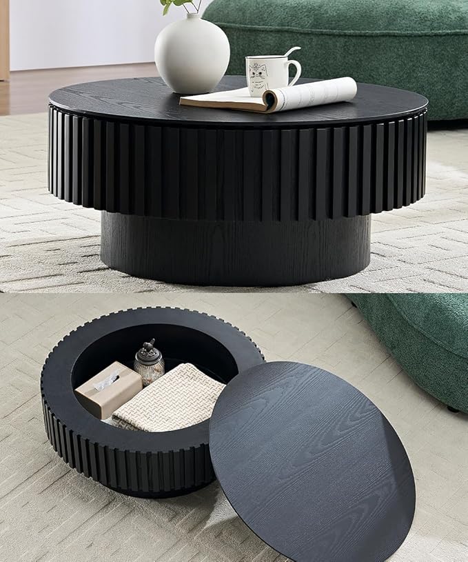 WILLIAMSPACE 31.49" Round Coffee Table with Storage for Living Room, Modern Circle Center Table with Solid Wood Veneered & Sturdy Pedestal, Accent End Tea Table for Apartment - Black