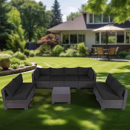 CHABATREE 9 Pieces Outdoor Patio Furniture Sets,Rattan Conversation Sectional Set,Manual Weaving Wicker Patio Sofa with Tea Table