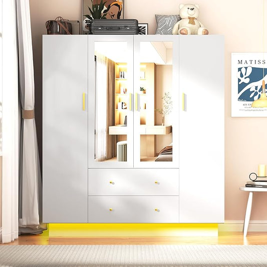 chartustriable 4 Doors Armoire Wardrobe Closet with Mirror, LED Armoire with Doors and Drawers, Wooden Wardrobe Storage Cabinet with Hanging Rod, Adjustable Shelves, White