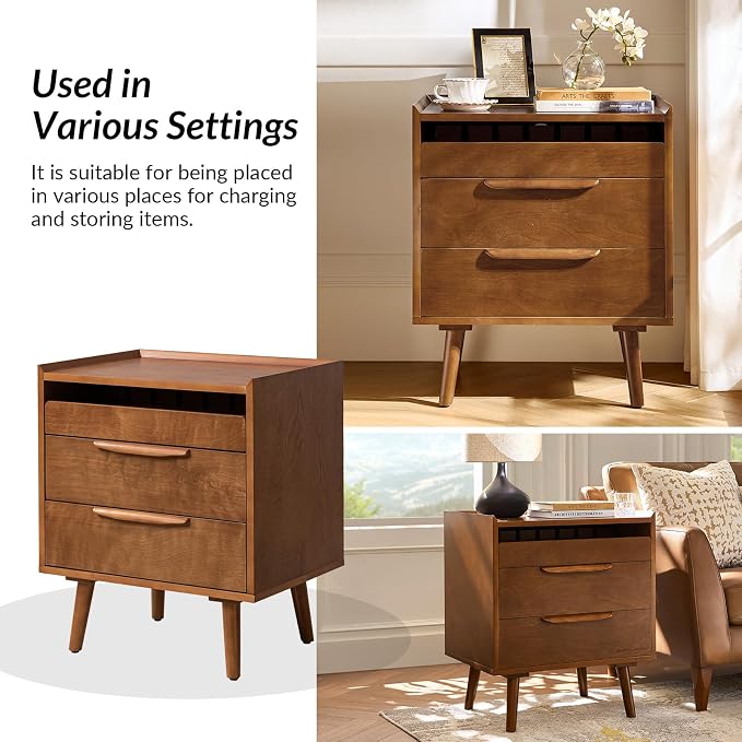 HULALA HOME 2 Drawer End Table with Pull-Out Shelf, Mid-Century Modern End Table with Wood Legs, Wood Side Table with Charging Station(Acorn, Set of 2) - Image 6