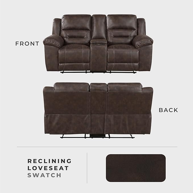 Lexicon Double Recliner Loveseat with Center Console, Wall Hugger Manual Reclining Couch, Textured Microfiber Upholstered Dual Reclining Love Seat, Home Theater Seating, Required Assembly, Dark Brown