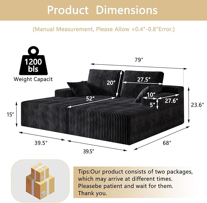 106" Boneless Couches for Living Room, Modular Sectional Sofa, L-Shape Sofa Couches,Cloud Couch Sectional, Comfy Corduroy Sofa, with Deep Seat, No Assembly Required (Black, Loveseat Chaise)