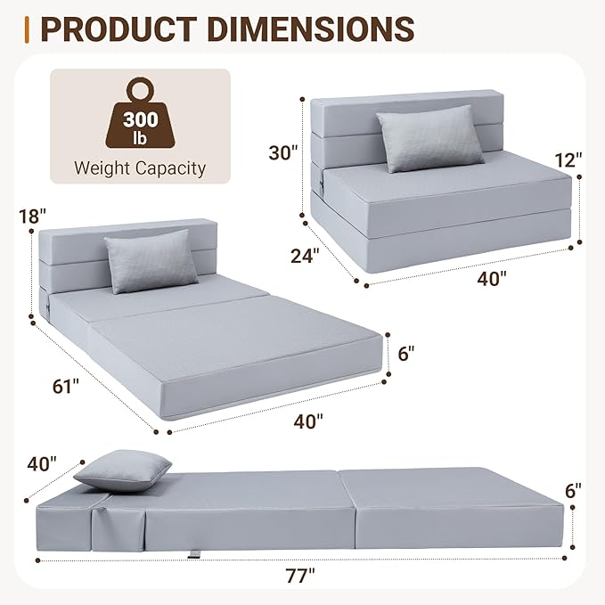 BeBen Folding Sofa Bed, Boneless Foldable Chair Bed, Convertible Futon Sleeper Chair Couch, Twin Lazy Floor Lounger Sofa Couch for Small Spaces, Dorm, Guest Room, Living Room, Apartment, Grey