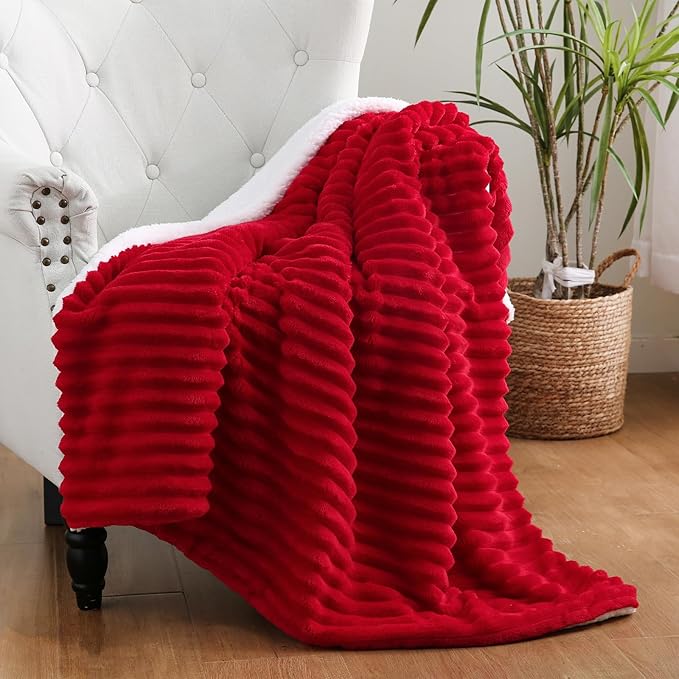 Red Sherpa Fleece Throw Blanket 90”×90” for Couch Sofa Bed,Super Soft Cozy Plush Double Side Thick Flannel Blanket with Striped Design Lightweight for Adults,Woman,Girls