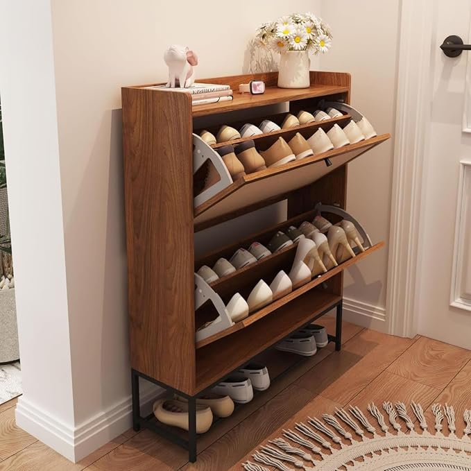 AVZEAR Narrow Shoe Storage Cabinet for Entryway with 2 Flip Drawers, Freestanding Shoe Cabinet with Natural Linen Panel, Slim Wood Shoe Organizer Closed Shoe Rack for Hallway, Foyer(Walnut) - Image 3