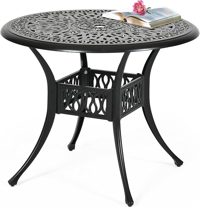 DWVO 35 Inch Outdoor Dining Table Cast Aluminum, Patio Round Bistro Table with Umbrella Hole for Backyard, Garden, Patio, Porch, Black by DWVO