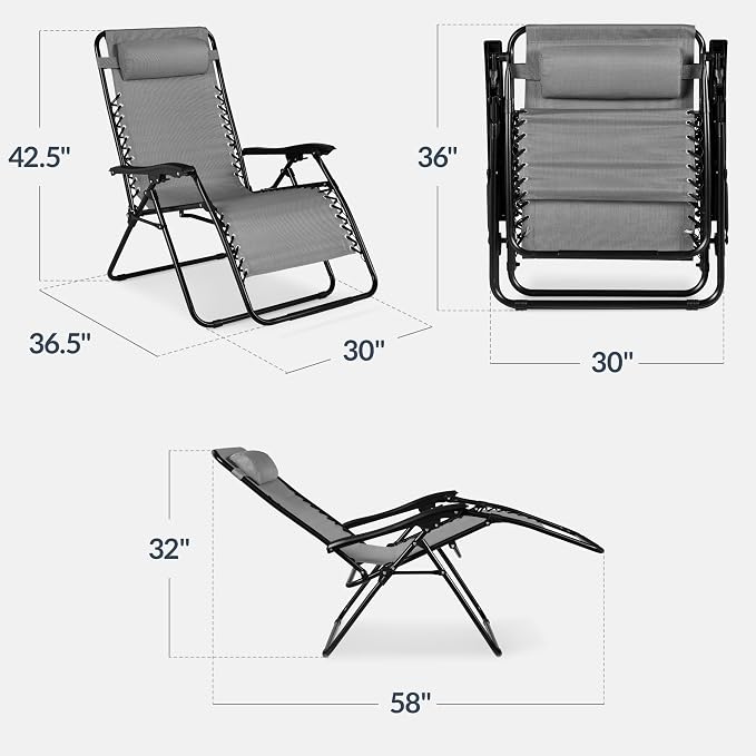 Best Choice Products Set of 2 Extra Wide Adjustable Steel Mesh Zero Gravity Lounge Chair Recliners w/Pillows and Cup Holder Trays - Ice Gray - Image 3