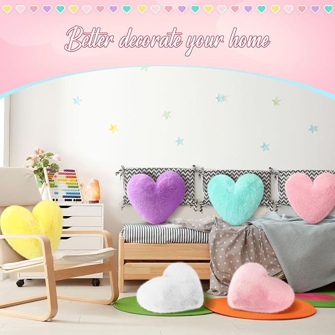 Liliful 6 Pcs Faux Rabbit Fur Heart Pillows Fluffy Heart Throw Pillows Cute Couch Cushion Soft Decorative Throw Cushion for Bed Sofa Girls Women(17 x 14 Inch,Candy Color)