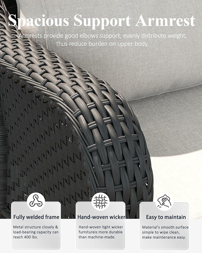LayinSun 3 Piece Wicker Outdoor Furniture Set with 6-inch Comfy Cushions, High Back Patio Furniture Set with Swivel Rocking Chairs and Side Table