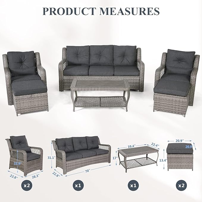 HOMREST 6 Piece Patio Furniture Set, Wicker Outdoor Conversation Sofa Set w/ 2 Ottomans, Storage Coffee Table, Rattan Outdoor Sectional for Deck Backyard Porch (7 Seats, Gray)
