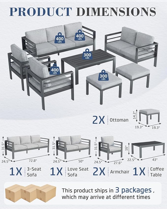 AECOJOY Aluminum Patio Furniture Set, 9 Seats Modern Outdoor Furniture with Coffee Table, 7 Pieces Metal Conversation Sectional Sofa, Light Gray