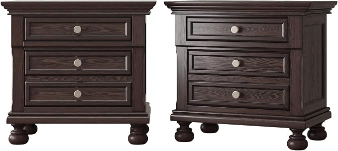 AMERLIFE Fully Assembled Nightstand Set of 2, Solid Wood End Table with 2 Storage Drawers, 26" Extra Large Traditional Bedside Cabinet for Bedroom, Dark Brown by AMERLIFE