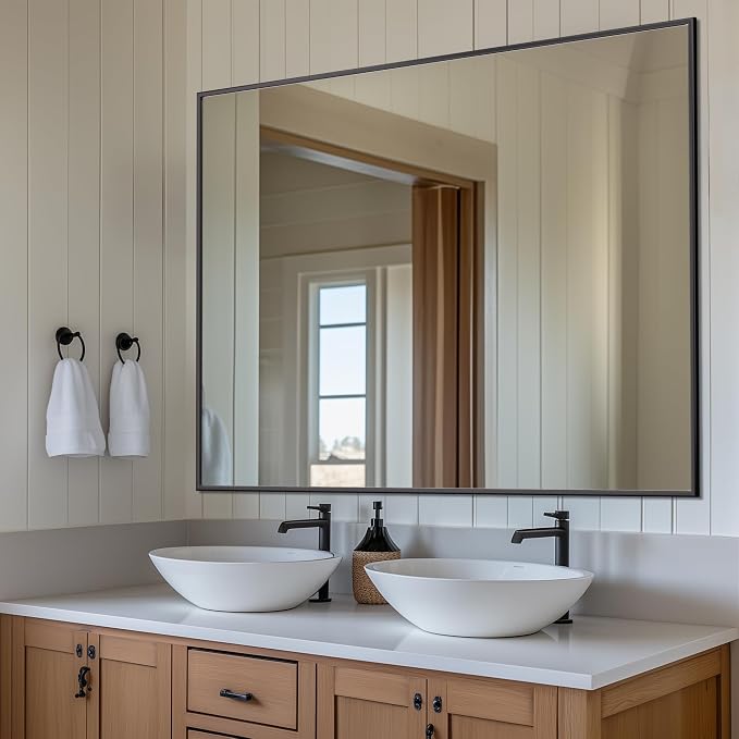 Antok 48x30 Black Metal Framed Bathroom Mirror, Wall Mirror with Rect Corners, Vanity Mirror for Over Sink, Anti-Rust Tempered Glass, Horizontal/Vertical Hanging for Bathroom, Living Room, Entryway - Image 2