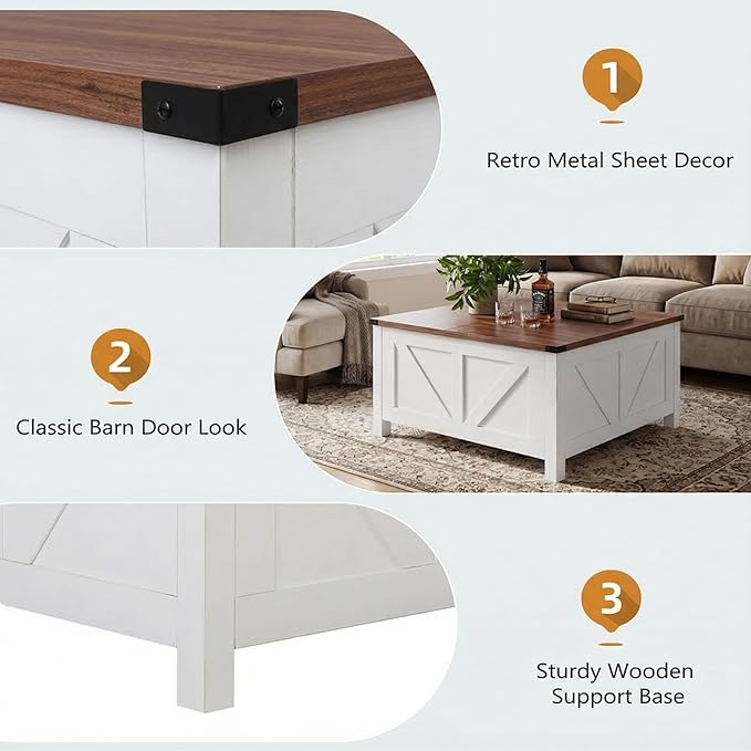 35” Farmhouse Coffee Table with Large Storage, Rustic Wood Lift Top Coffee Table for Living Room, Square Center Table with Charging Station&USB, Modern Port Pottery Barn Lift top Table