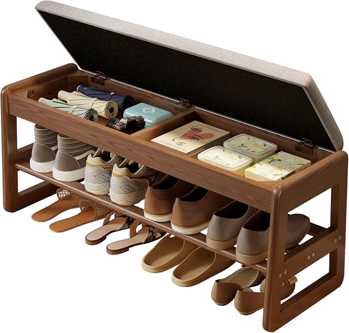 AQIMUELE Shoe Rack Bench,2 Tiers Shoe Bench with Storage with Flip-Top,Wood Shoe Rack for Entryway,Hallway(Walnut Upholstered Seat,11.8" D x 39.3" W x 15.7" H by AQIMUELE