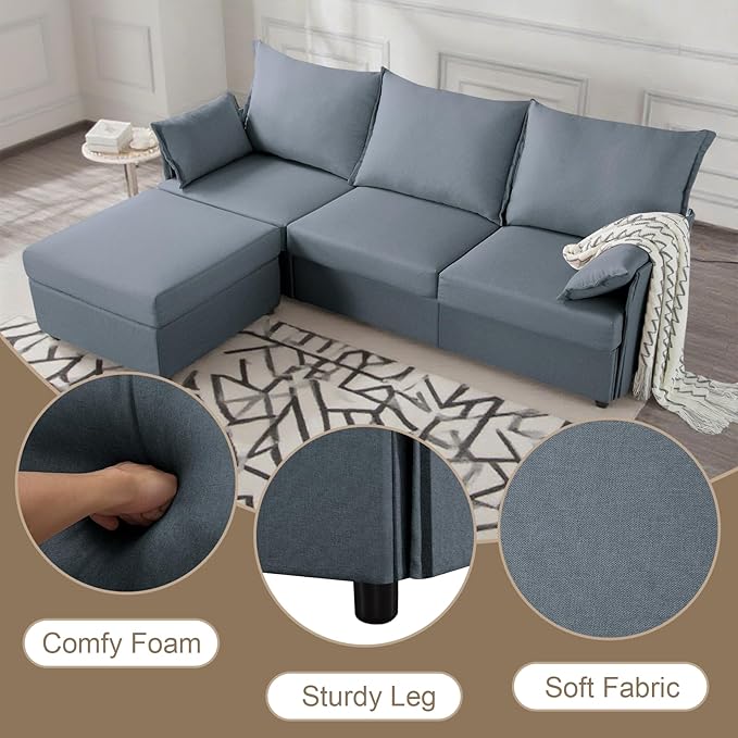 93.7” Sectional Sofa with Movable Ottoman, 3 Seaters L Shaped Couch Modular Sofa Bed with 2 Armrest Pillows, Small Sectional Couch for Living Room Bedroom Small Space Furniture, Gray