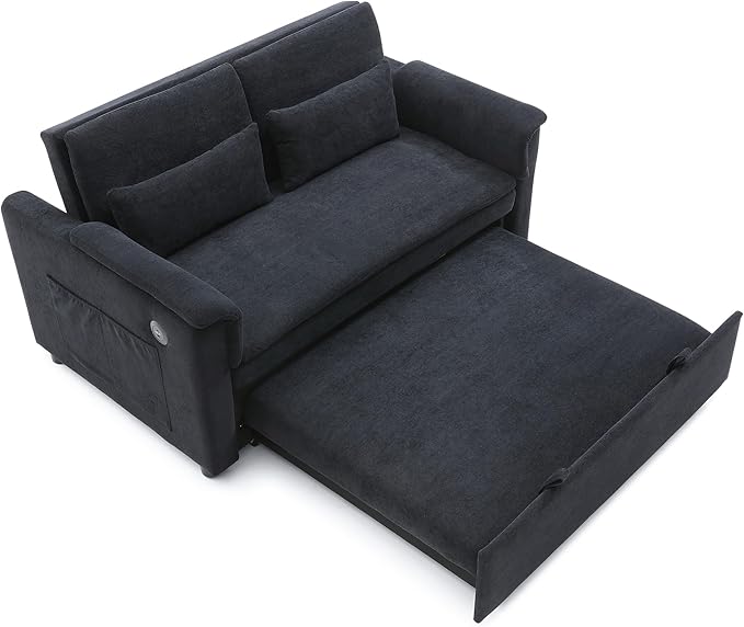 Convertible Loveseat Pull Out Sleeper Sofabed Futon Loveseat Lounge Couch for Living Room 3 in 1 Multi-Functional Pullout Sofa Bed with Reclining Backrest , USB Ports and Side Pockets for Home Office