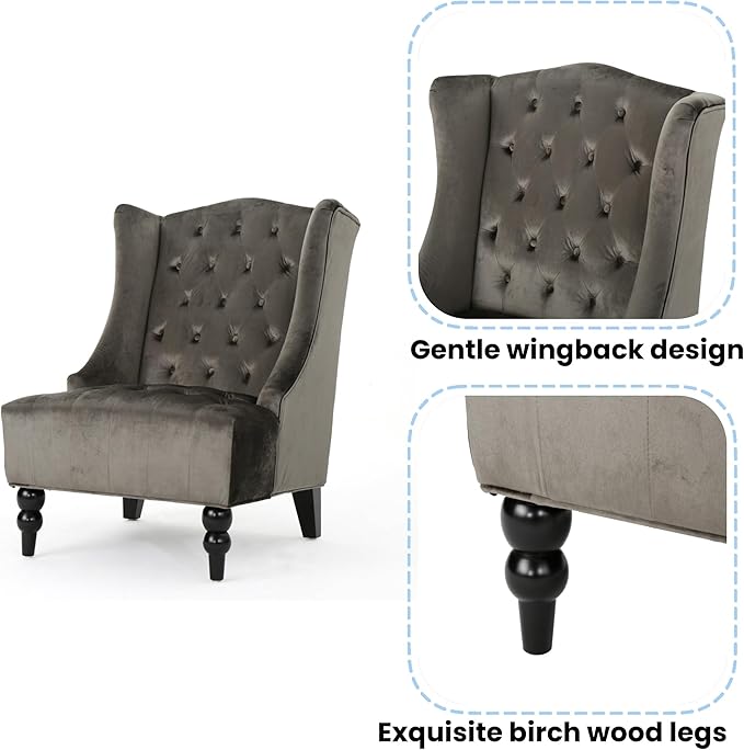Modern Wingback Accent Chair, Tufted Velvet Couch Sofas with High Back Thick Padded Cushioned Seats for Living Room, Victorian Style, Grey