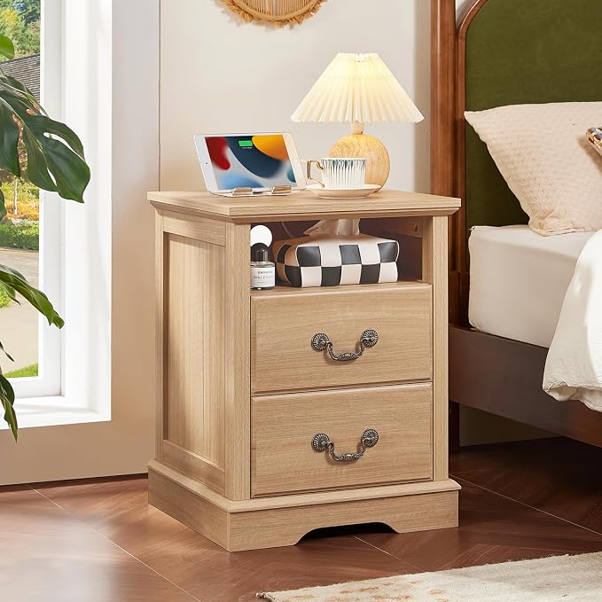 Farmhouse Nightstands Set of 2 with Charger Station, 2 Drawers Night Stand with Storage Shelf, Natural Wood 18" Wide Bedside Table, Rustic Bed Side End Tables for Bedroom, Living Room - Image 2