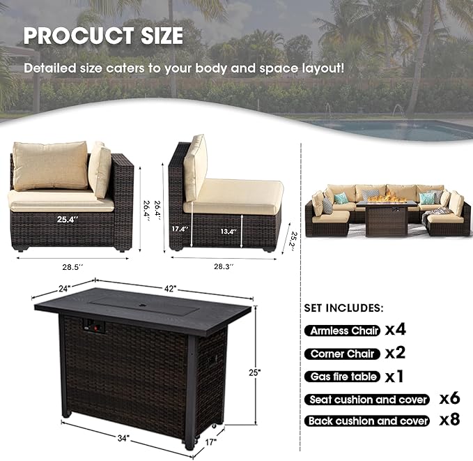 Grezone 7 Piece Patio Furniture Set with 44" Fire Pit Table, Outdoor Sectional Couch, PE Rattan Patio Conversation Sets with 4inch Cushions for Backyard Beige