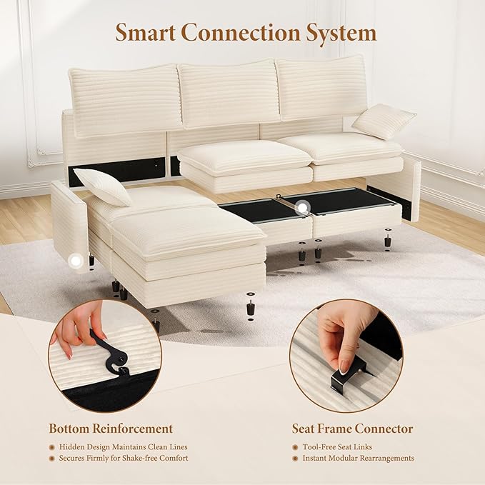 Vesgantti Large Modular Sectional Sofa, Big Comfy Cloud Couch with Ottoman Deep Seat Corduroy Cloud Sofa, 9 Seater Large Sectional Couches for Living Room, Bedroom and Apartment, Beige