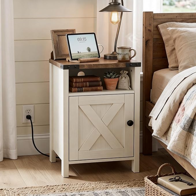 Vabches Farmhouse Nightstands Set of 2 with Barn Door, End Table with Charging Station, Rustic Bedside Table with Storage and Open Compartment for Bedroom, White - Image 4
