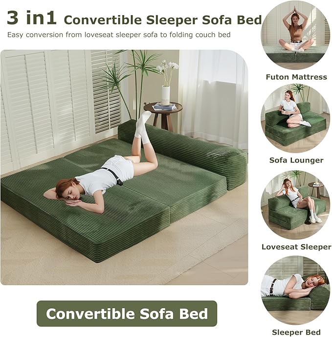6-inch Folding Mattress Sofa Bed，Convertible Floor Bed & Sleeping Couch with Removable Corduroy Cover & Carry Handles, High-Density Foam (Green, Queen)