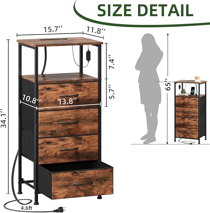 Somdot Tall Nightstand with Charging Station and LED Light for Bedroom, 4 Drawers Dresser with Fabric Bins for Bedside Kids Dorm Room Closet Laundry Entryway, Wood Grain Print - Image 3