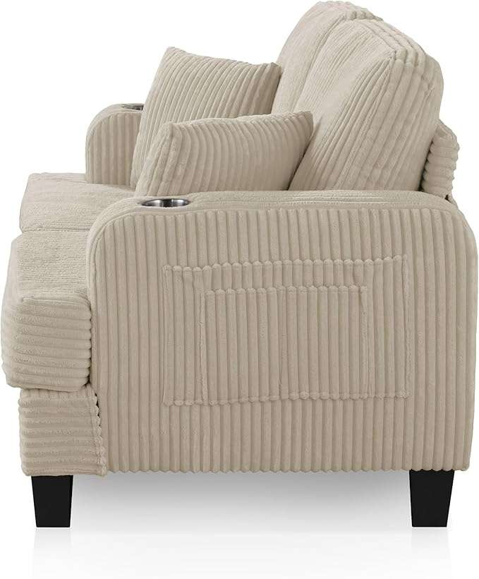 Homes: Inside + Out Reese Modern Plush Chenille Comfortable Loveseat with Side Pockets, Cup Holders and Pillows, Wooden Soft Couch for Living Room, Bedroom and Office, Beige