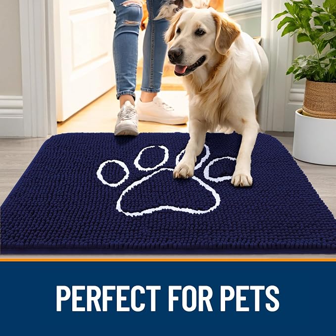 OLANLY Dog Door Mat for Muddy Paws 30x20, Paw Print Design, Absorbs Moisture and Dirt, Absorbent Non-Slip Washable Doormat, Quick Dry Chenille Mud Mat for Dogs, Entry Indoor Entryway Carpet, Navy Blue - Image 6